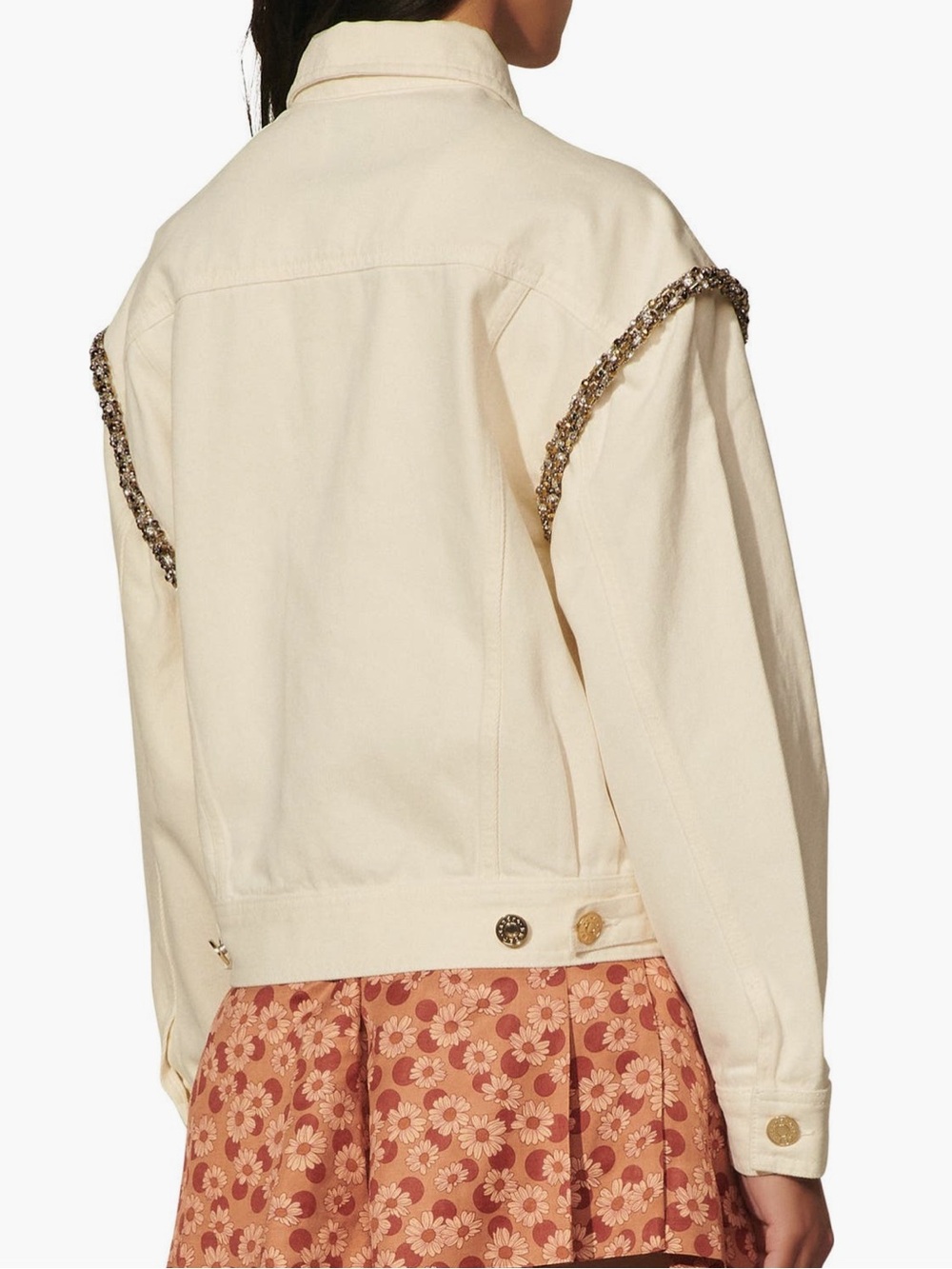 NWT Sandro Paloma Denim Jacket Ivory with Rhinestones Size 40 (US8) - Picture 2 of 6